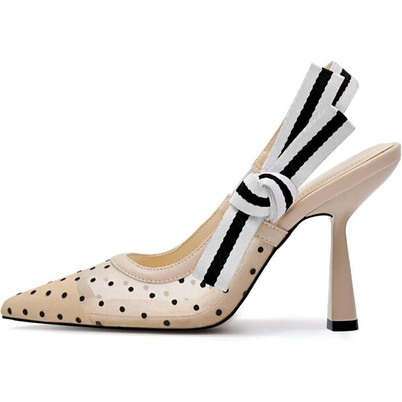 🆕Women Cream Heels Pointed Toe High Heels Bowknot Knitted Dress Pumps Shoes - Picture 2 of 7